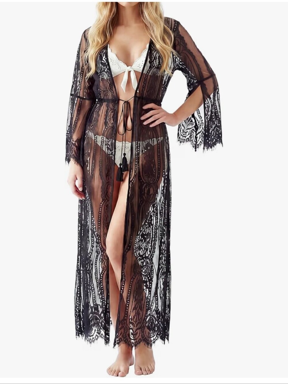 Black Lace Long Cover Beach, Kimono New